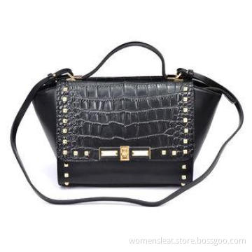 Ladies Black Calf / Crocodile Leather Handbags with Pyramid